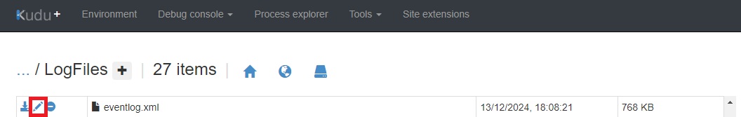 Kudo with logfiles folder open, and eventlog.xml in focus
